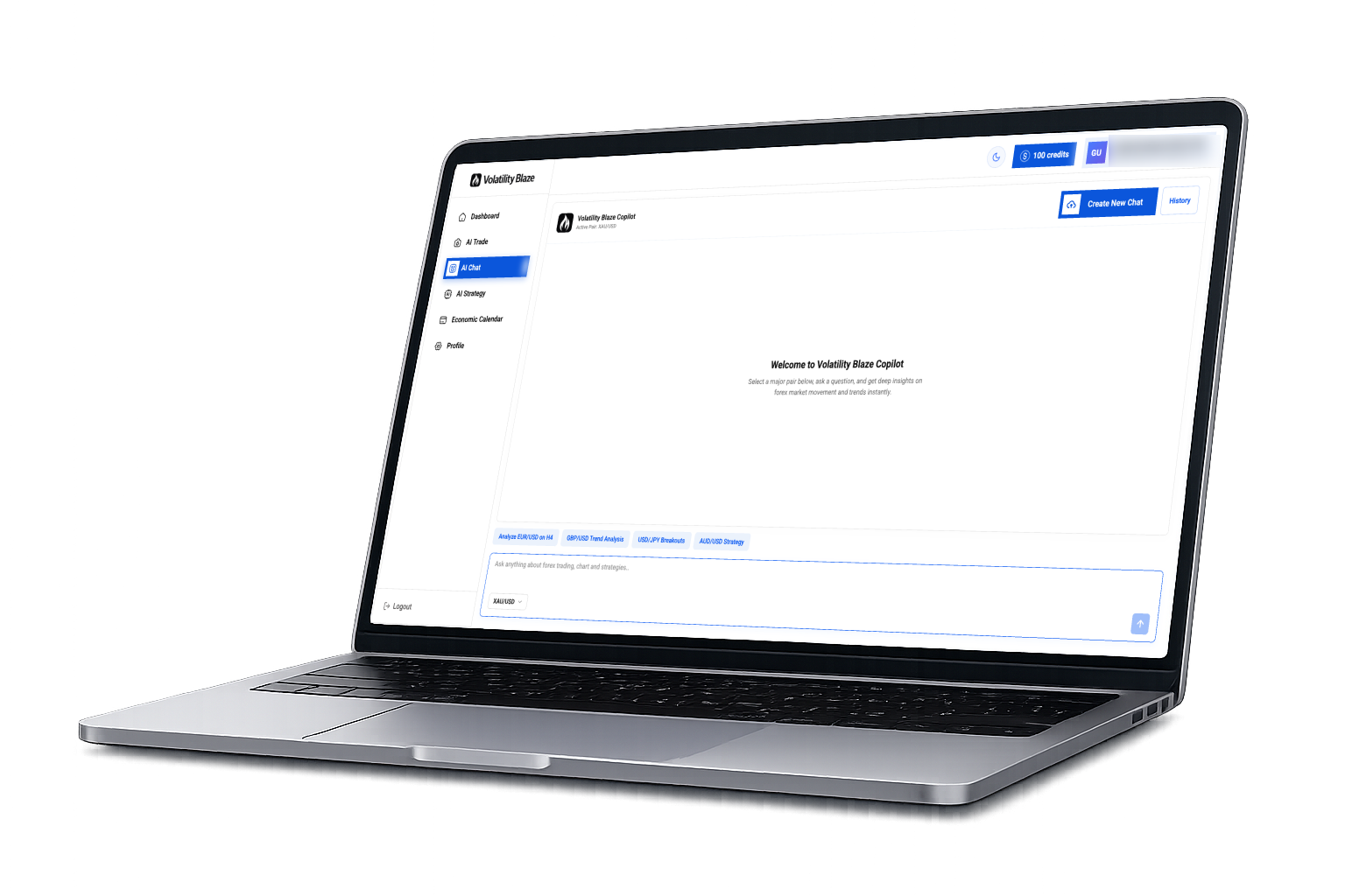 Volatility Blaze AI trading platform shown on a laptop interface